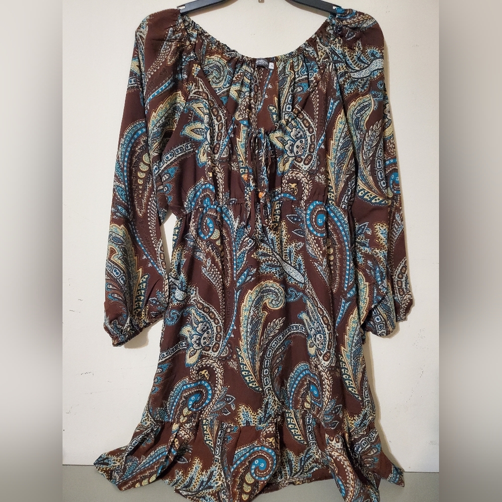 Earthbound Boho Paisley Long Sleeve Flowy Midi Dress Brown Large